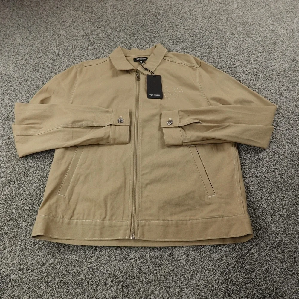 NEW True Religion Jacket Mens S Beige Brown Full Zip Up Twill Bomber Coat Casual